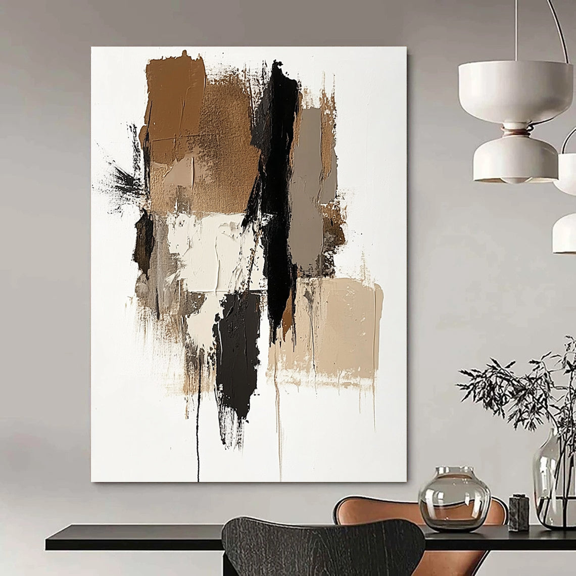 Large abstract painting featuring brown beige and white colors with a prominent gray shape and vertical navy blue detail.STSC677