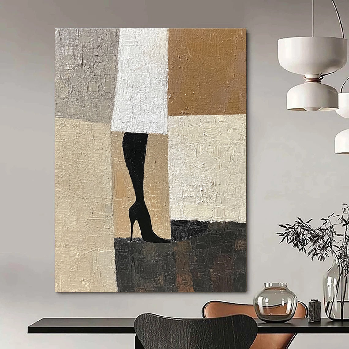 Large abstract painting featuring a woman's legs in Art Deco and Cubism style with a beige white and black palette on textured canvas.STSC1327