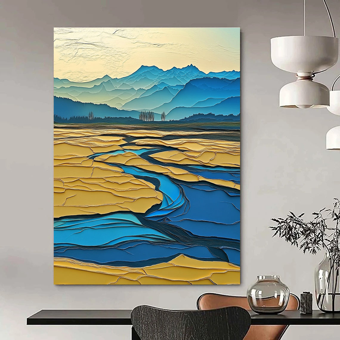 Large Abstract Painting Depicting A Surreal Winter Landscape With The Yellow River Distant Mountains And Vibrant Colors In A Layered Composition.STSC1438