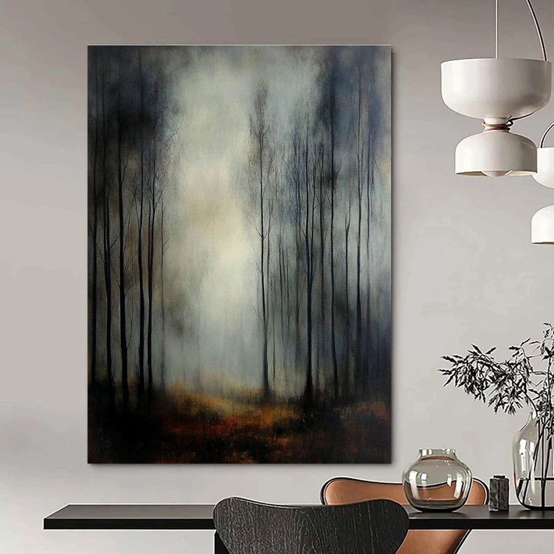 Large Abstract Painting of a foggy autumn forest featuring thin trees and chiaroscuro lighting for a dramatic mysterious atmosphere.STSC1306