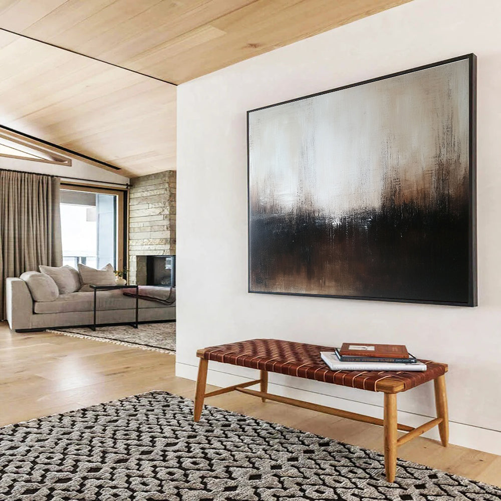 Large abstract painting in dark brown and white with neutral tones on wood panel features blurred edges and intricate details in minimalist style.SC057