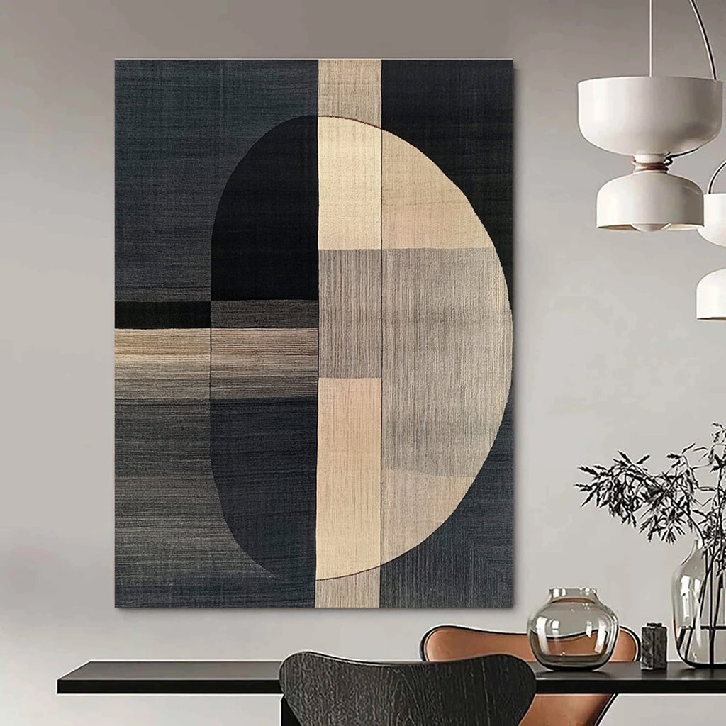 Abstract carpet design inspired by Picasso showcasing dark gray and beige in a modern art style with simple shapes and black lines.STSC1060