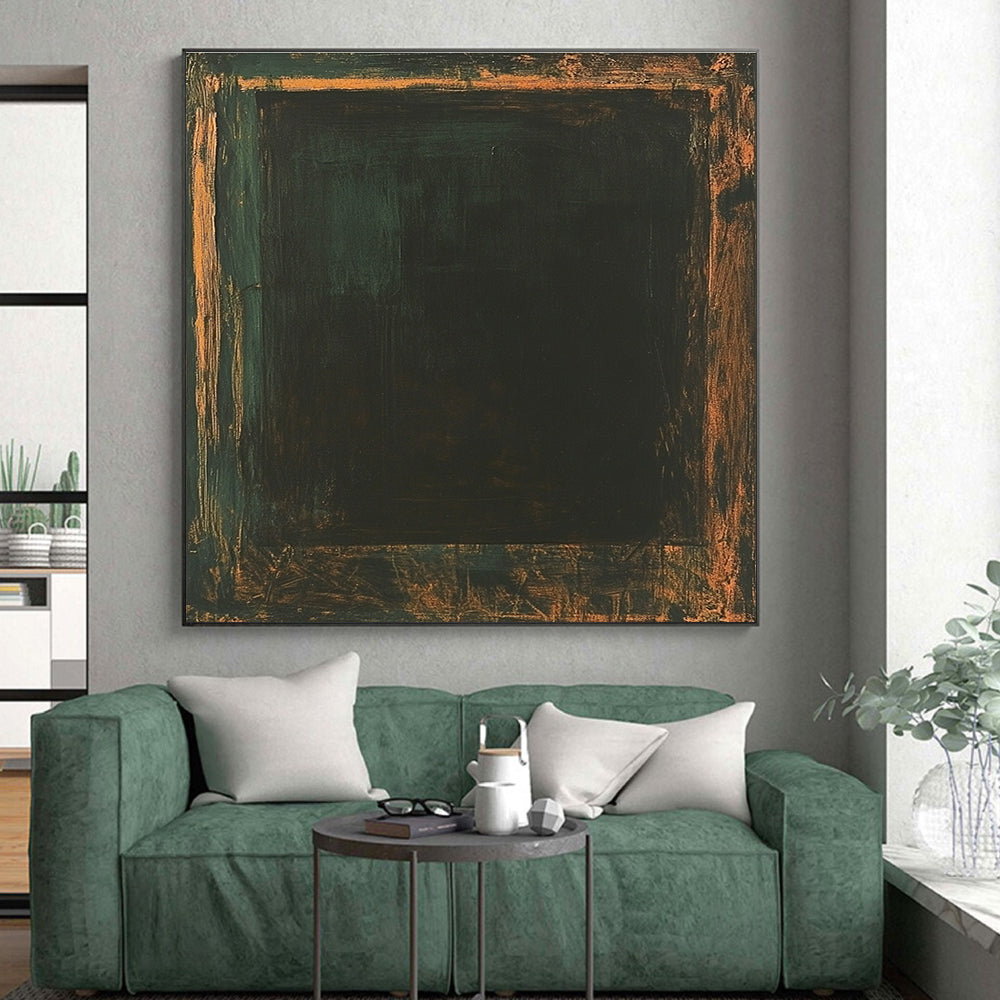 Dark Green and Brown Abstract Painting with Enigmatic Forms GER089