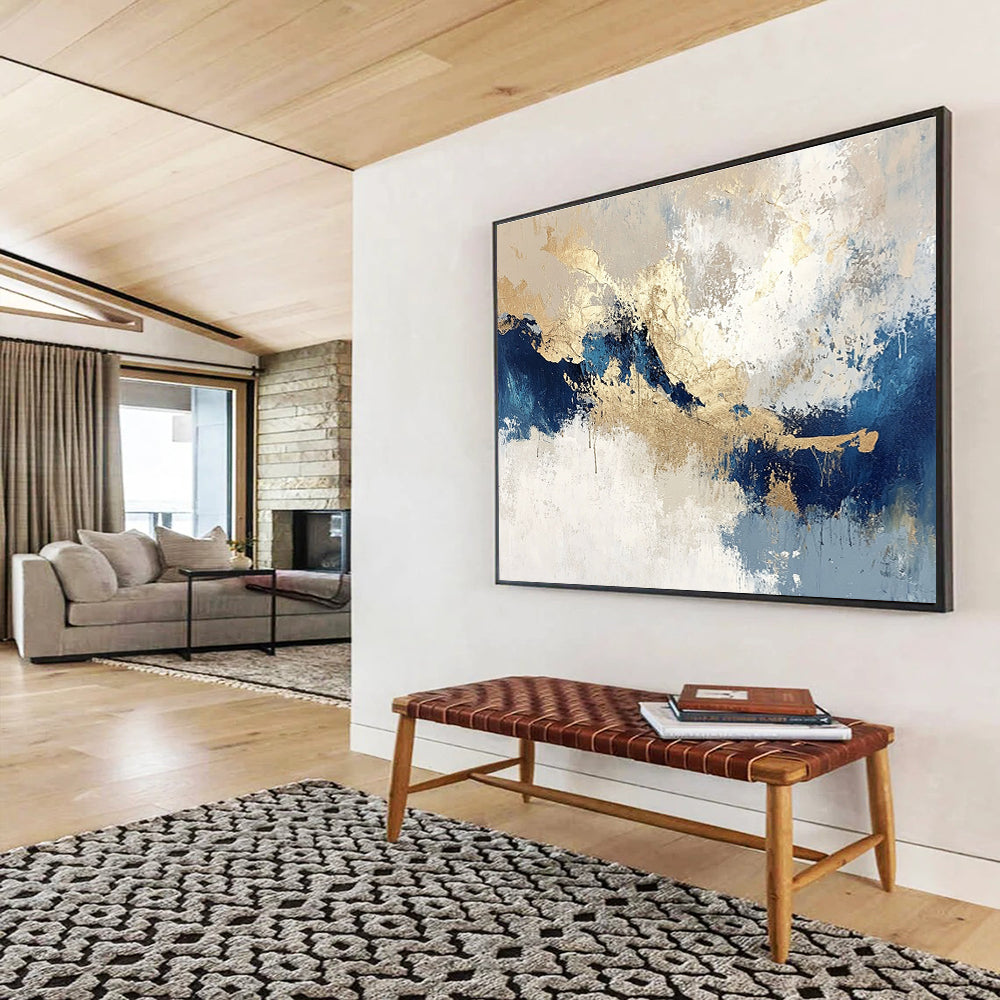 Large abstract painting in blue and gold on textured beige and white background featuring light gray and dark indigo tones for a stunning decor.SC023