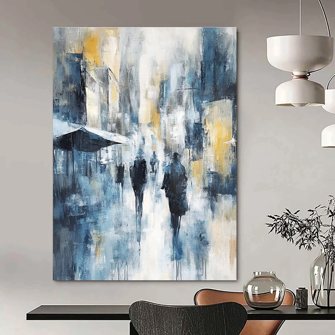 Large abstract painting of an urban cityscape in cool blue tones with hints of yellow and gray showcasing soft brushstrokes and impressionist influence.STSC277
