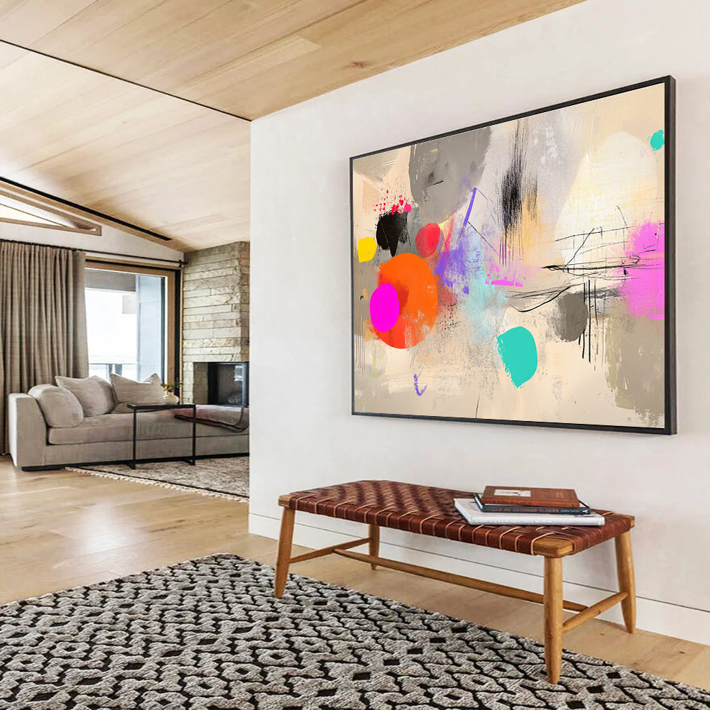 Large abstract artwork featuring digital collage with neutral tones, dynamic shapes, and vibrant colors, ideal for modern decor.SC042