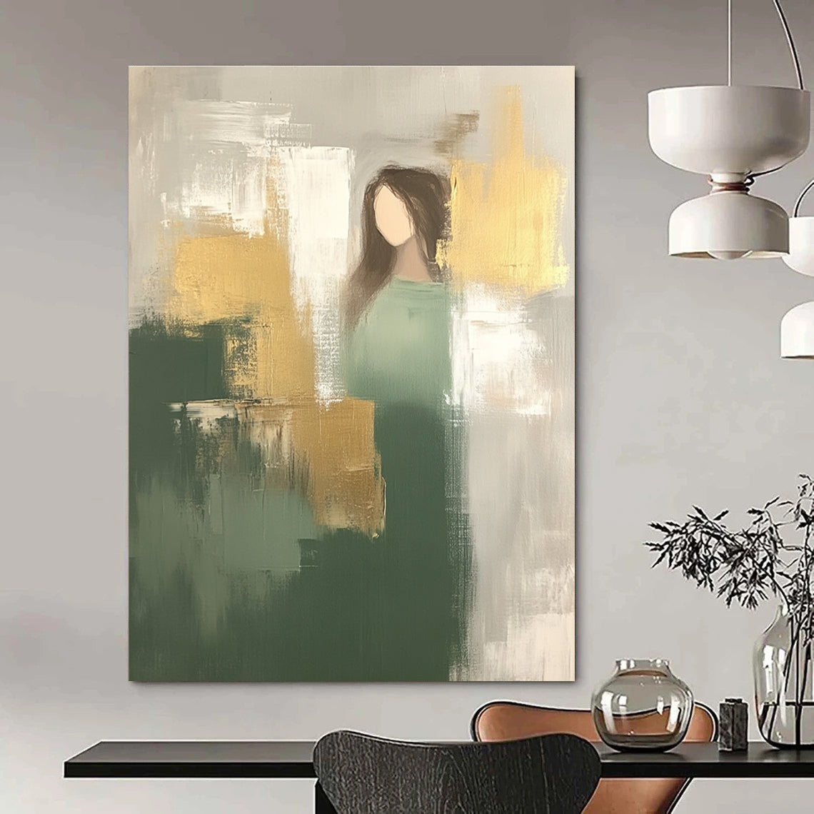 Large abstract painting featuring minimalistic shapes in neutral green and beige with gold accents creating a soft atmospheric beauty.STSC242