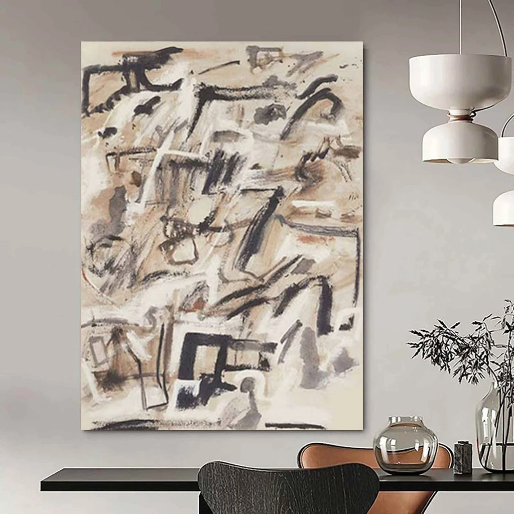 Dynamic Black and Beige Abstract Painting with Energetic Brushstrokes ADGE143