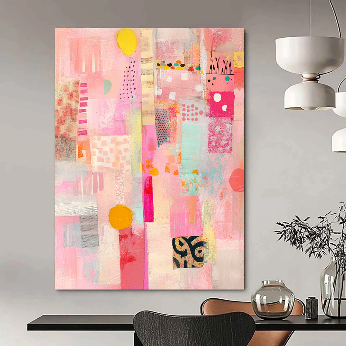 Large abstract collage artwork featuring pastel colors vintage shapes and textured layers for a unique mixed media experience.STSC1309