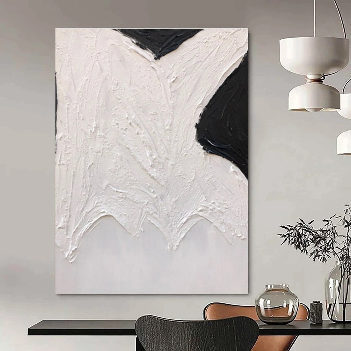 Black and White Textured Abstract Painting with Organic Shapes ADGE405