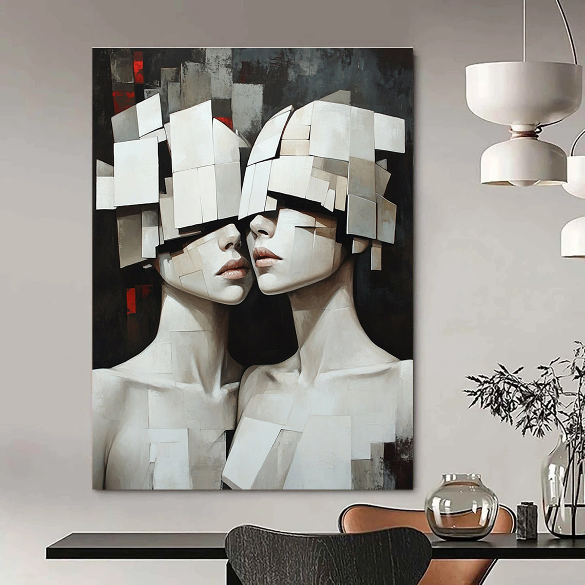 Large abstract oil painting featuring two white humanoid female figures with obscured faces against a dark background, evoking mystery and intrigue.STSC1455