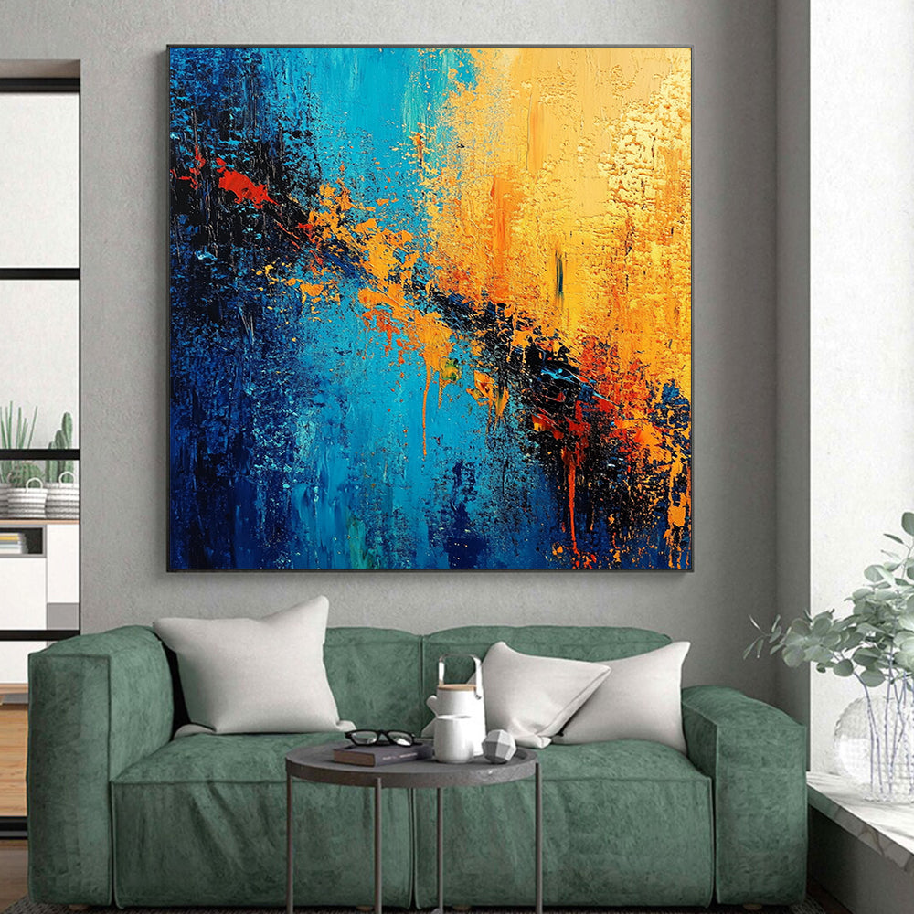 Blue and Orange Abstract Painting with Fiery Contrasts GER387