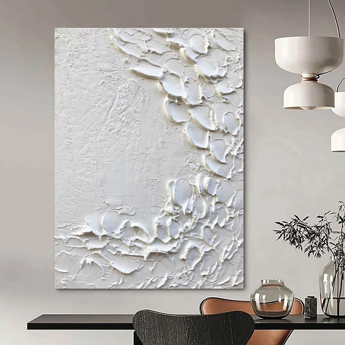 White Textured Minimalist Abstract Painting with Organic Shapes ADGE373