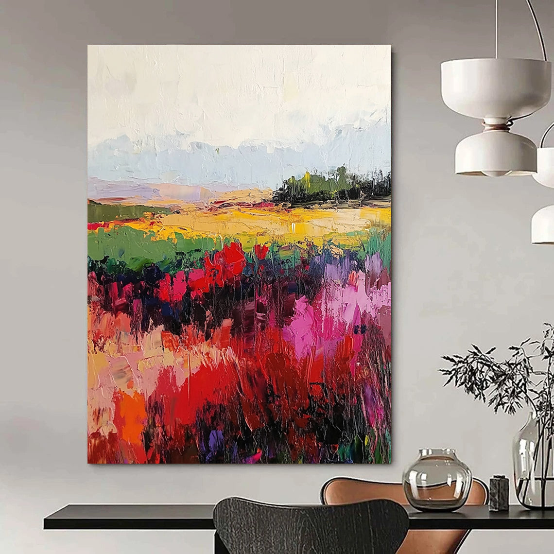Large abstract painting with vibrant reds and greens, textured canvas and soft blurred edges, created using palette knife and broad brush strokes.STSC113
