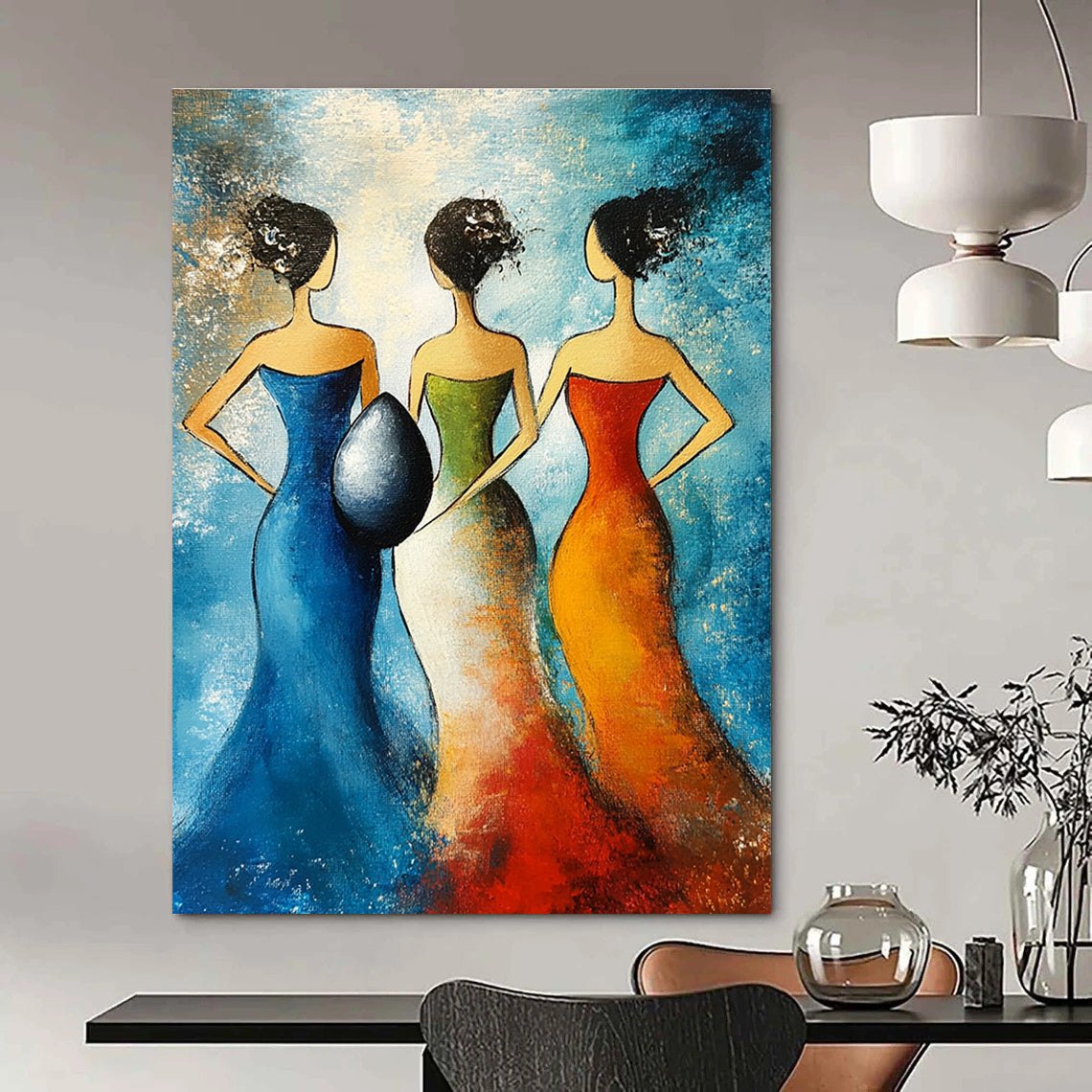 Abstract painting featuring three women in evening dresses holding a giant egg against a blue background with simple lines and minimal colors.STSC1444