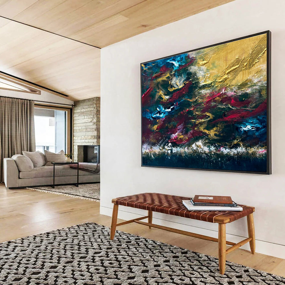 Blue Gold Red Abstract Painting with Rich, Passionate Tones THY383