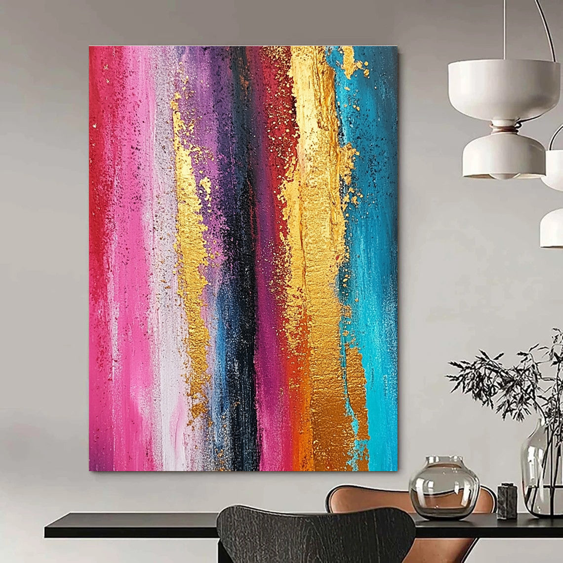 Large abstract painting featuring textured ombre rainbow colors with gold foil accents and a grunge background in vertical stripes.STSC733