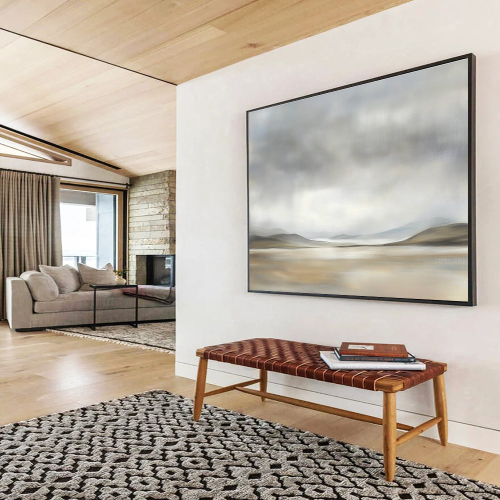 Large abstract painting depicting the Scottish Highlands with muted colors and soft brushstrokes, creating a serene and peaceful atmosphere.SC073