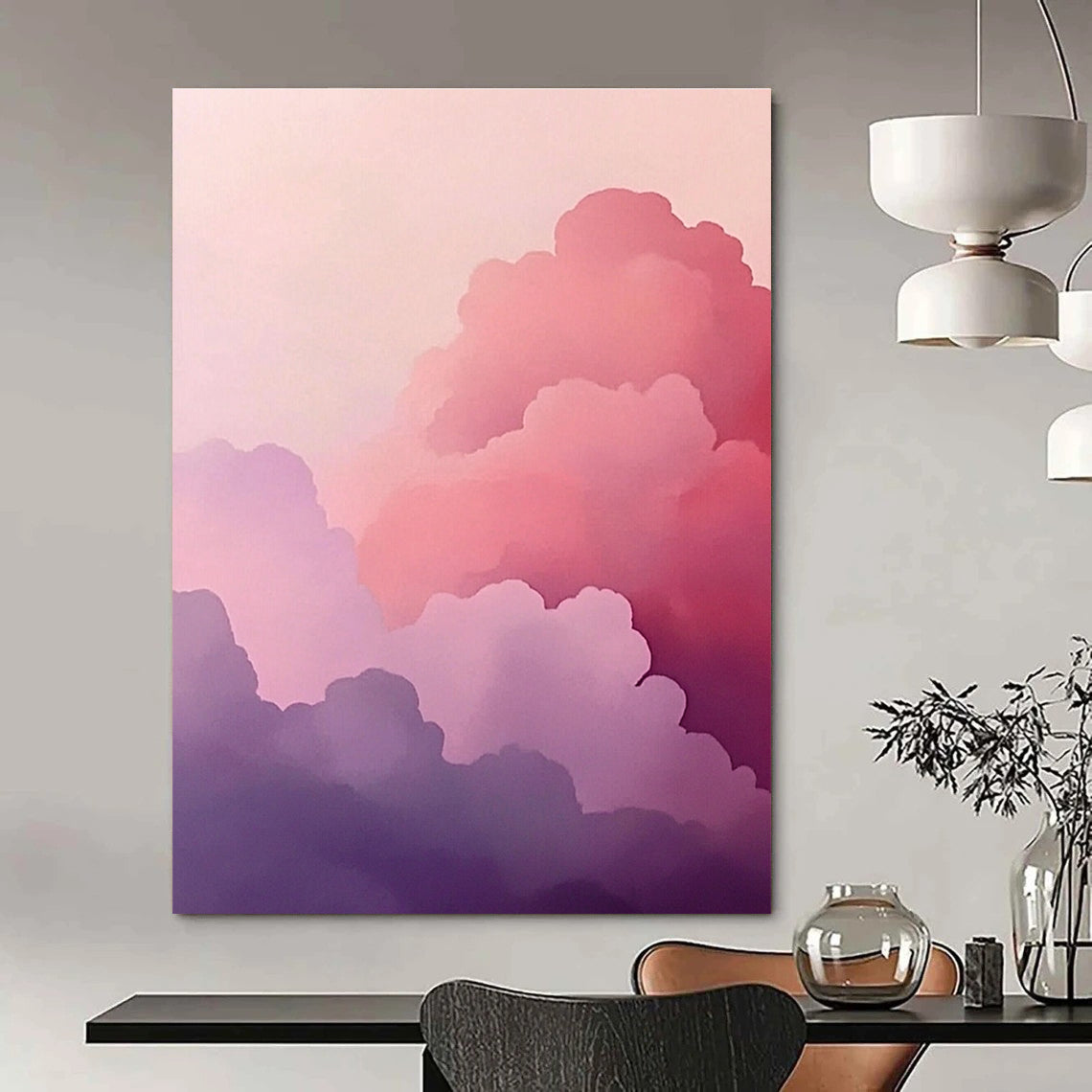 A large abstract painting featuring pink clouds in a minimalist style with soft purple and gray hues creating a dreamy atmosphere.STSC1160