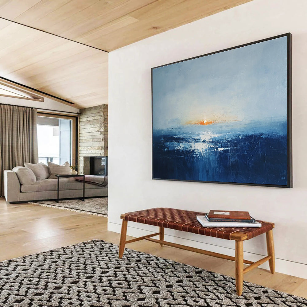 Abstract oil painting of an Irish landscape at sunrise featuring muted colors dark blue sea and an orange sun peeking over a grey skySC106