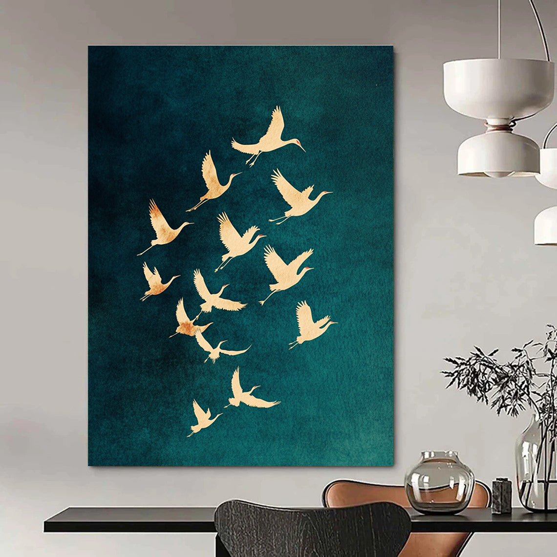Large abstract painting featuring golden crane silhouettes on a dark blue-green background evoking mystery tranquility and freedom in nature.STSC1305