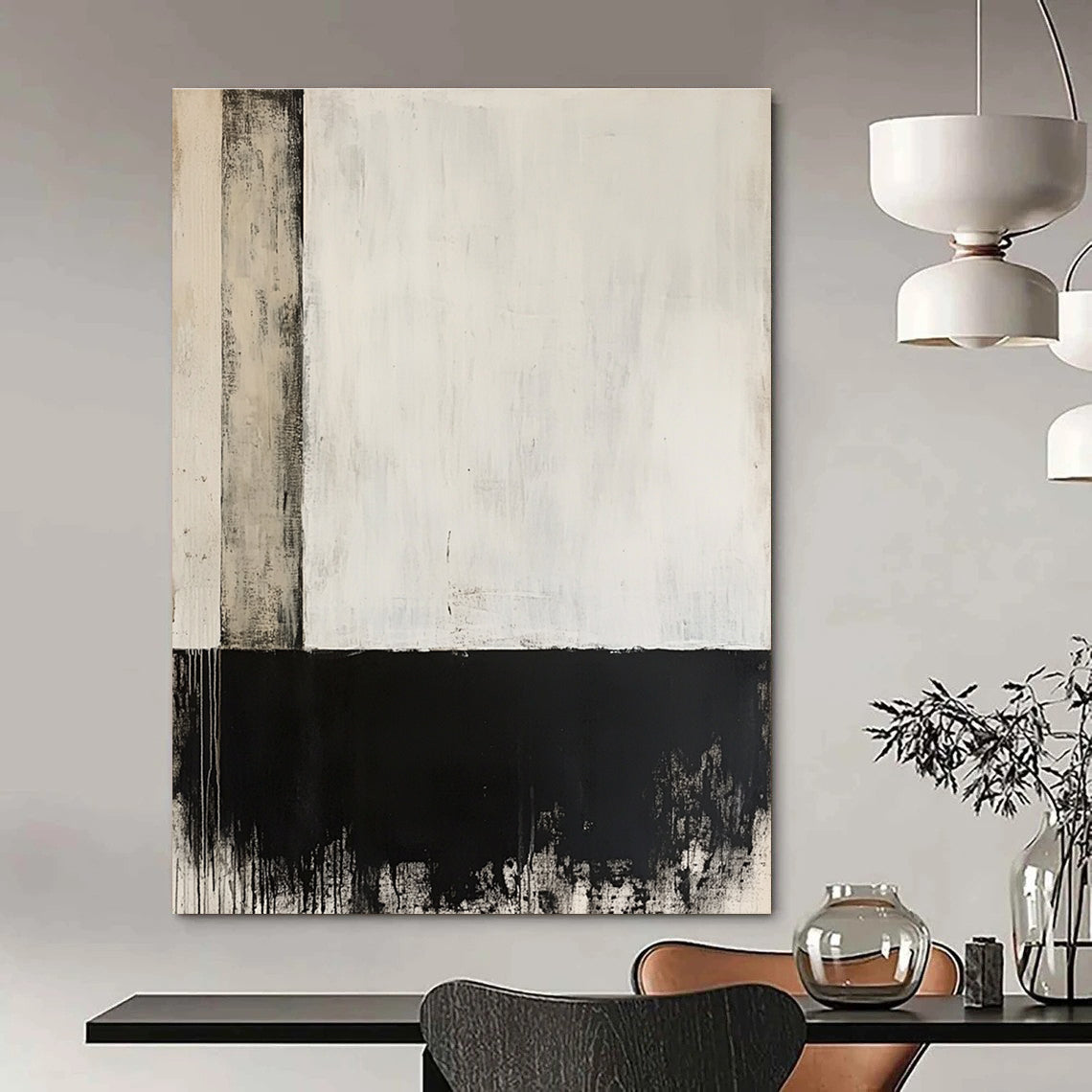 Large abstract painting in black and white features a single vertical line with gray and darker blocks below on an off-white background.STSC235