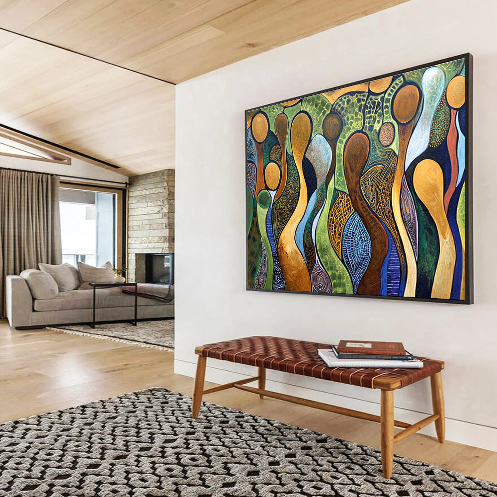 A large abstract painting featuring interlaced human figures in brown outlines against a vibrant background of greens, blues, and earthy whites with ocher yellow gems.SC582