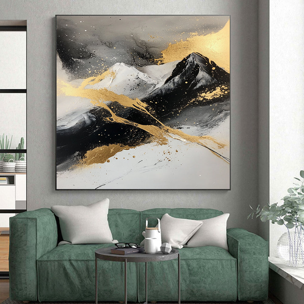 Gold - Splashed Mountain Abstract Painting with Black, White, and Gold GER320