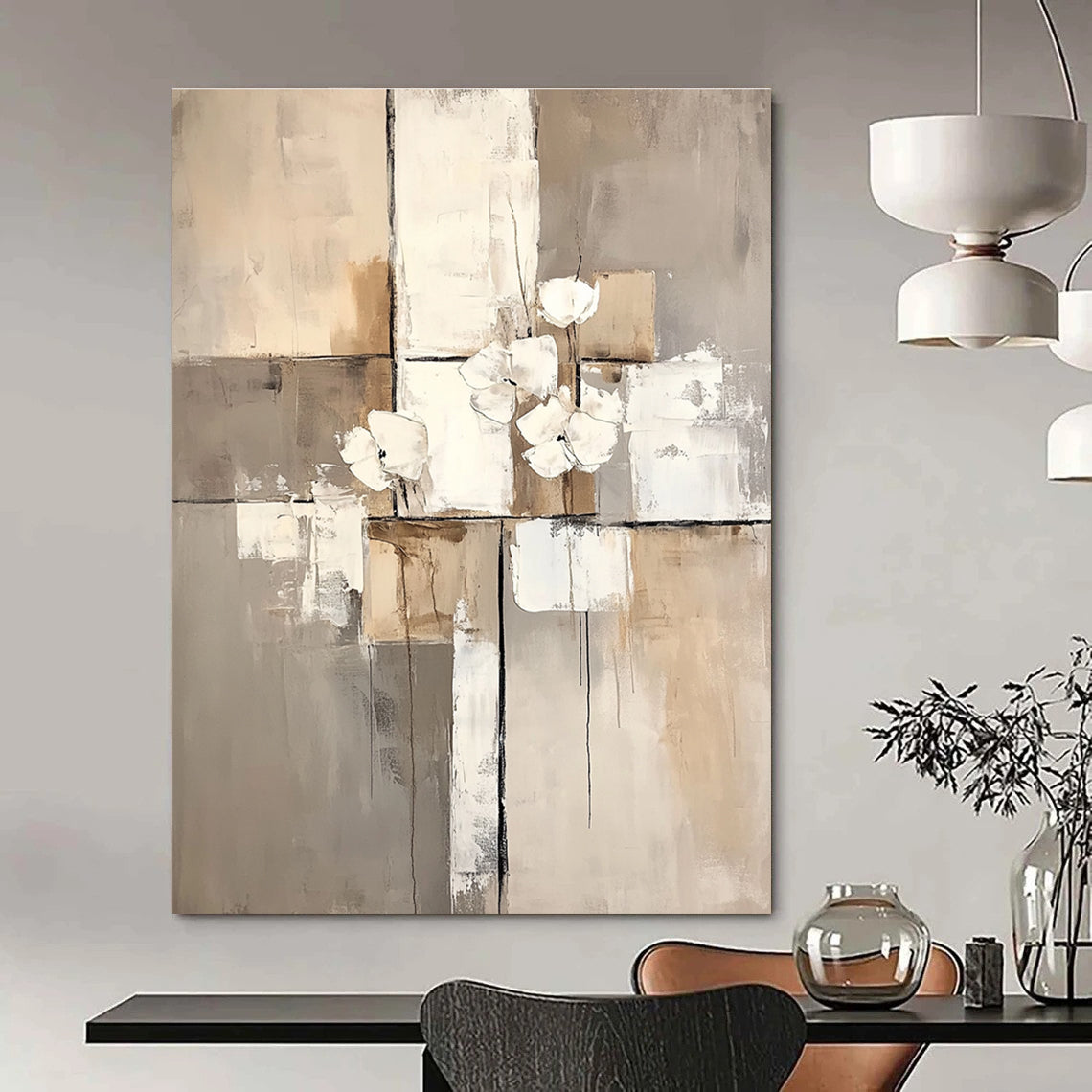 Large abstract painting featuring white paint blocks with a beige and gray palette on a neutral beige background.STSC431