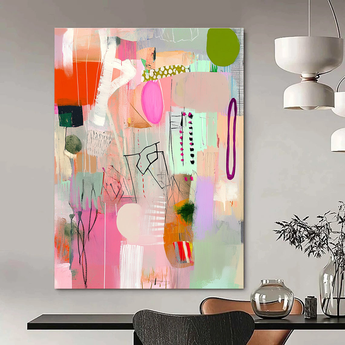 Large abstract painting in pink and green with playful textures stripes and shapes creating a joyful celebration atmosphere perfect for any space.STSC1040