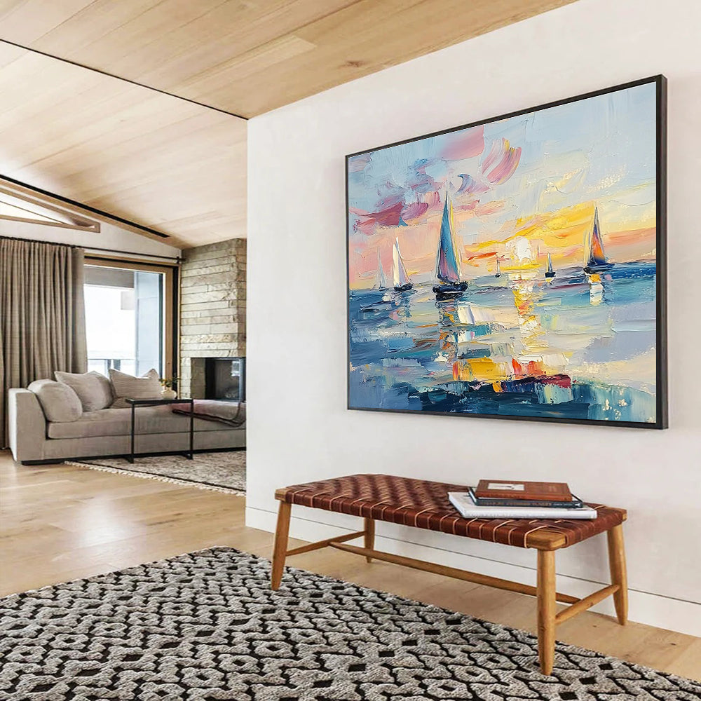 Large abstract painting of the ocean at sunset featuring sailboats vibrant pinks blues and yellows with expressive brush strokes and palette knife textures.SC606