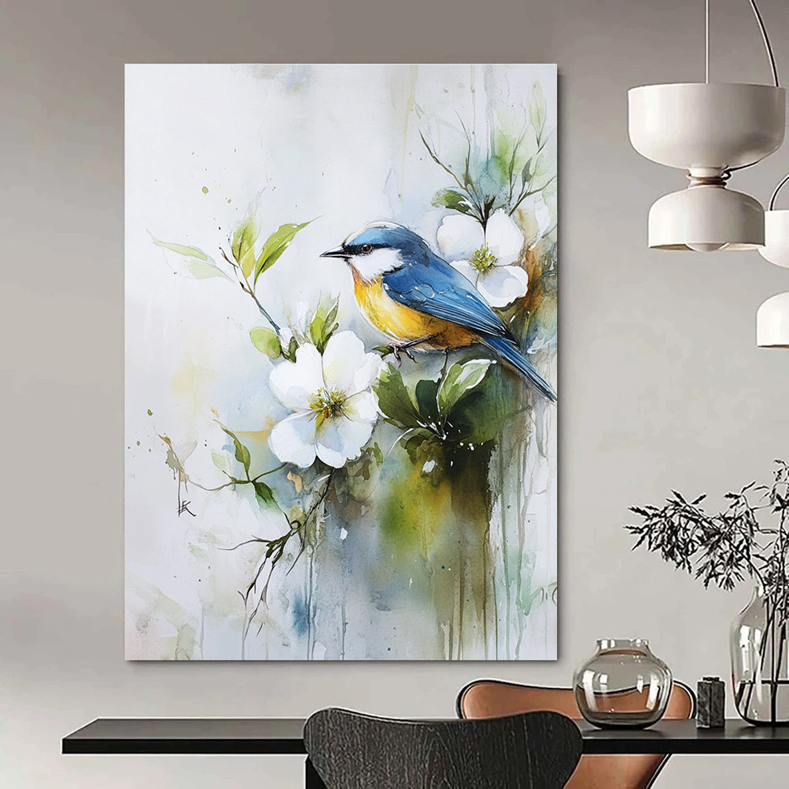 A large abstract painting featuring a blue and yellow bird on white flowers with soft green leaves and tranquil brushwork for serene beauty.STSC901