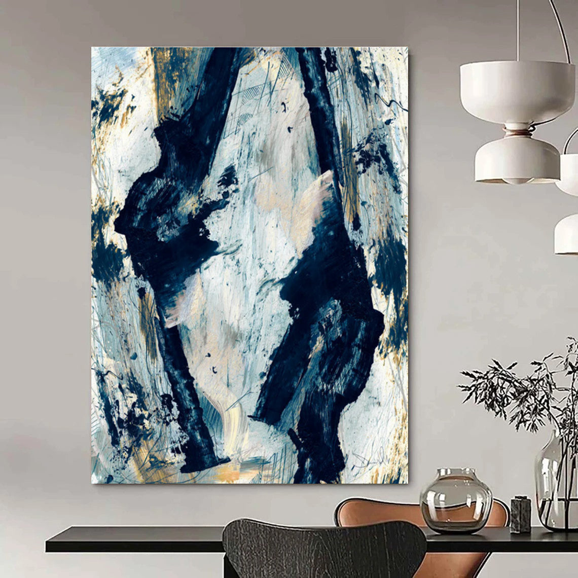 Blue Gold Abstract Strokes Painting ADGE244