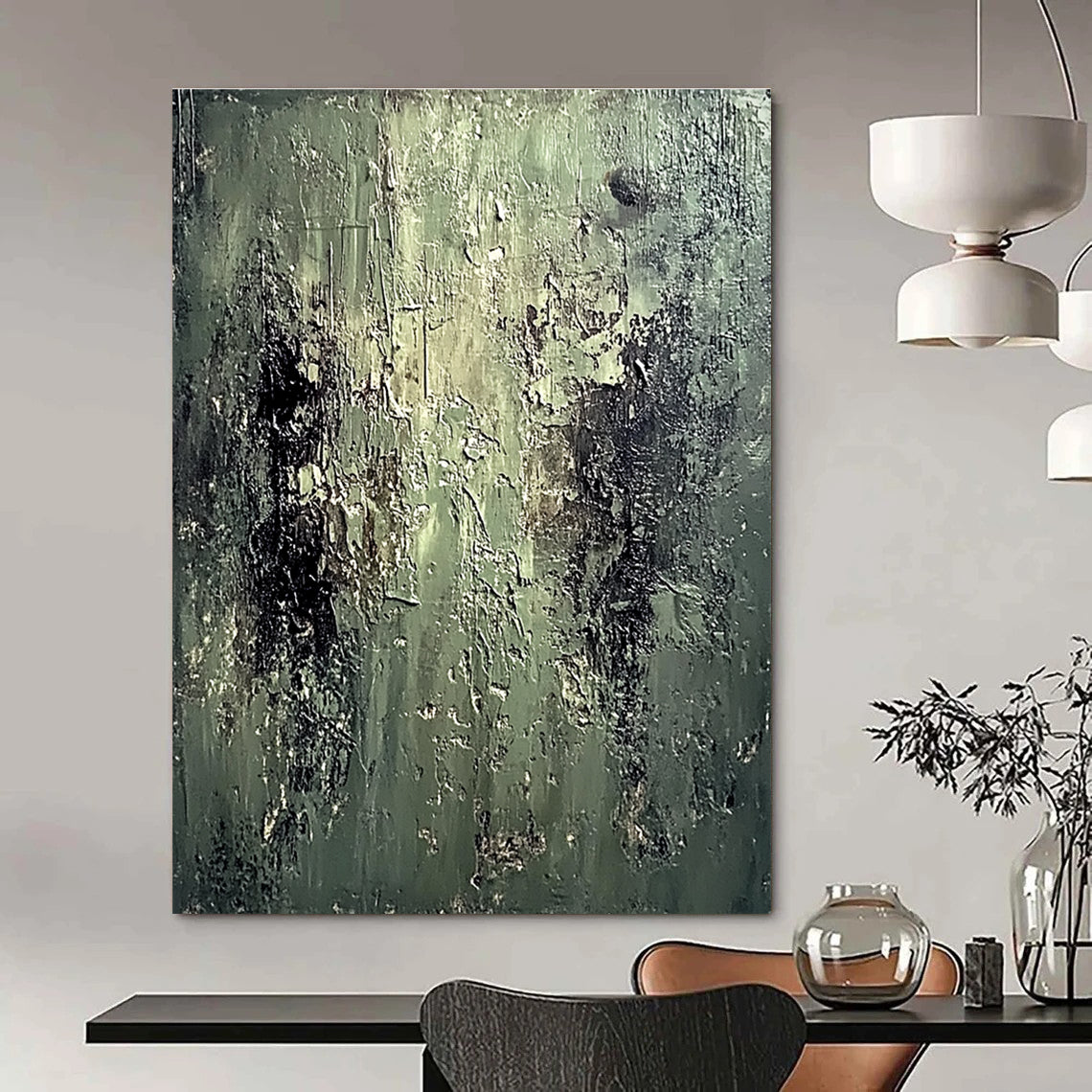 Large abstract oil painting of an old mossy wall with peeling paint in muted greens and dark browns evoking coolness and desolation.STSC587