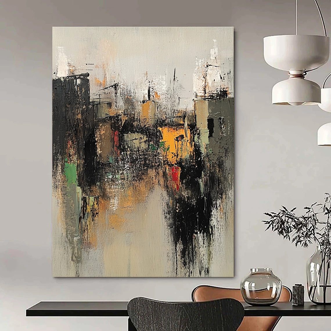 Large abstract painting of an old village with neutral tones dark gray light orange accents evoking nostalgia for vintage rural life.STSC660