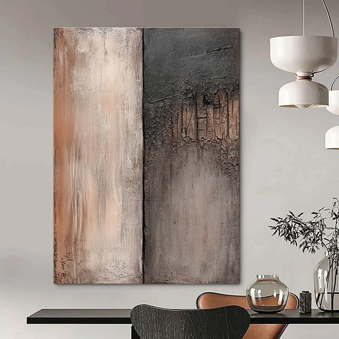 Large abstract painting featuring weathered wood and stone textures in muted browns and grays perfect for diverse creative projects.STSC538