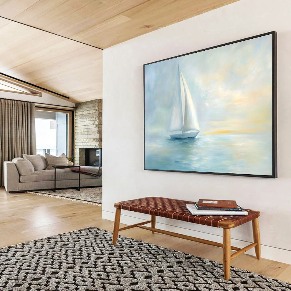 A large abstract painting of serene sea with elegant sailboat and soft pastel colors creating a tranquil Impressionist atmosphere.SC547