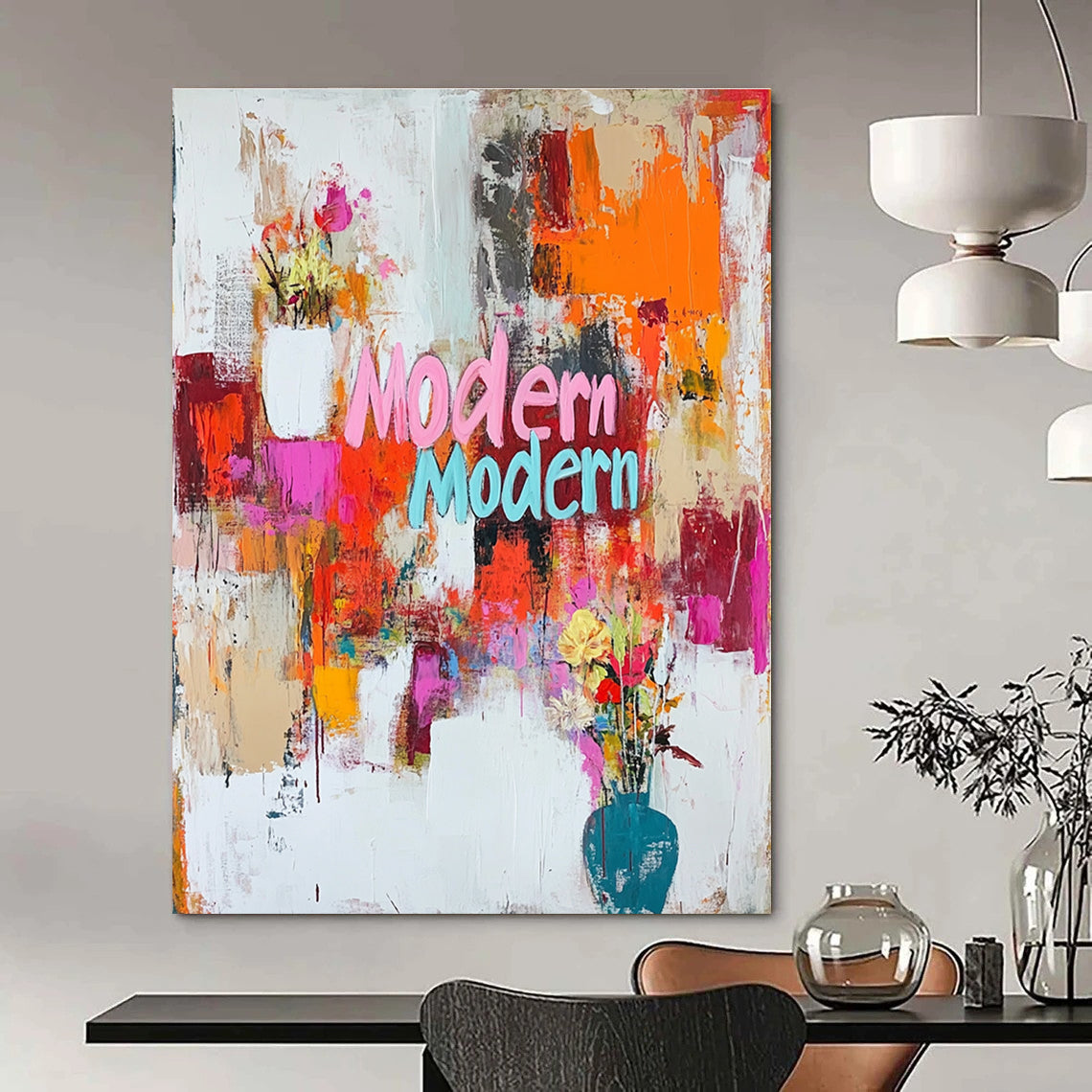 A large abstract painting featuring vibrant "Modern Modern" text in dynamic colors with energetic brush strokes and splashes creating a joyful composition.STSC1024