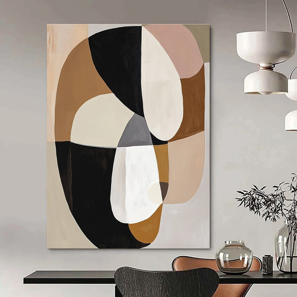 Large abstract painting featuring loose black white and beige shapes in neutral muted tones inspired by Marie Livingstone.STSC740