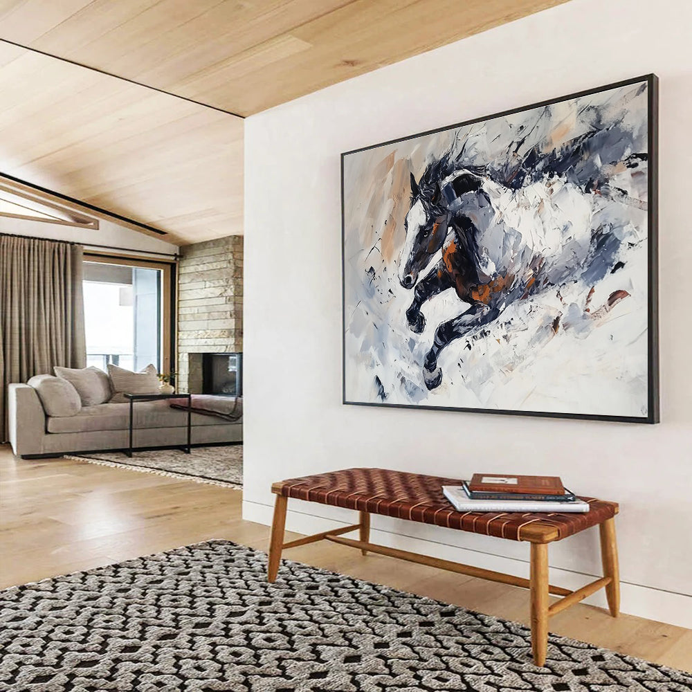Large abstract painting of a horse in snow featuring loose brush strokes monochrome tones with brown white accents and dynamic textured movement.SC594