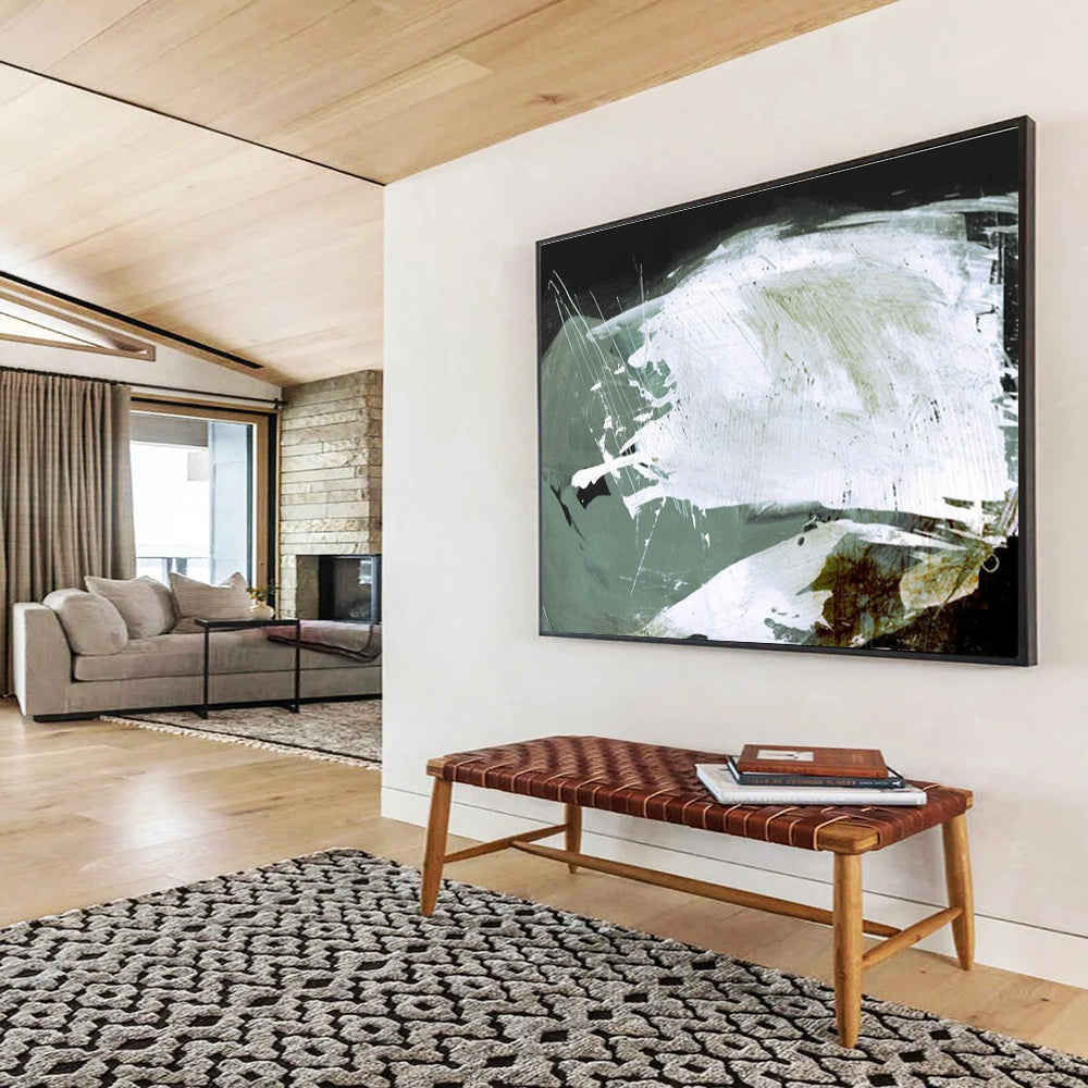 Textured White and Green Abstract Painting with Dynamic Layers THY133