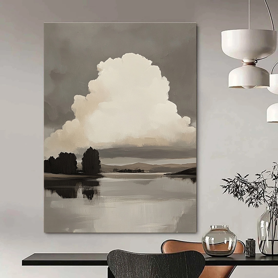 Large abstract oil painting of a white cloud over a lake with minimalist trees and hills in muted colors against a gray background.STSC868