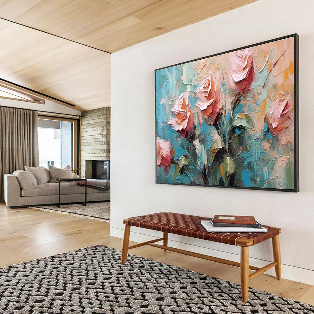 Textured Rose Bouquet Abstract Painting with Soft and Bold Strokes THY293
