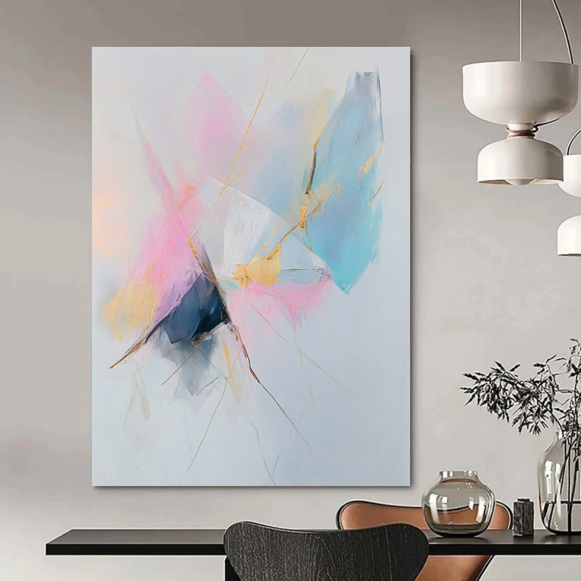 Large abstract painting featuring pastel pink and blue tones with gold accents on a white background creating a serene and calming atmosphere.STSC783
