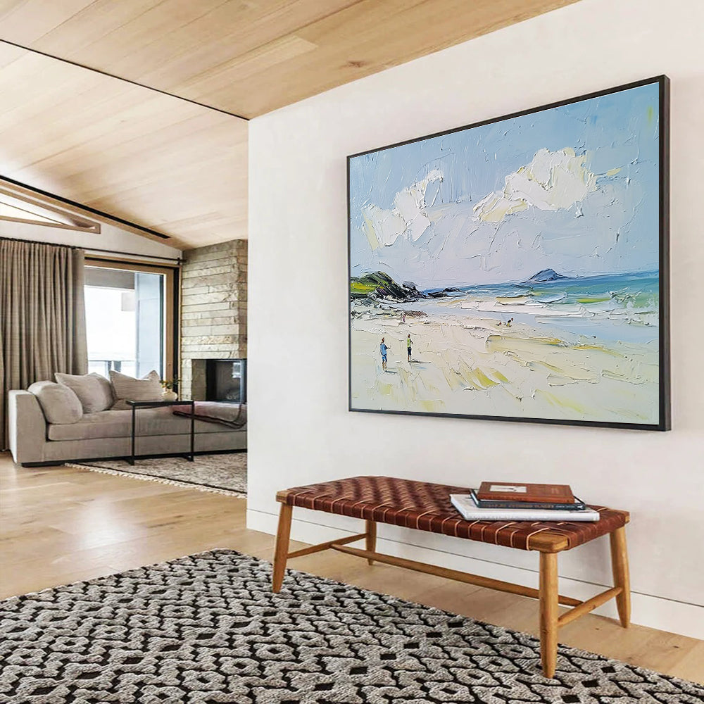 Beach Scene with Figures Textured Abstract Painting with Light Blues DYP596