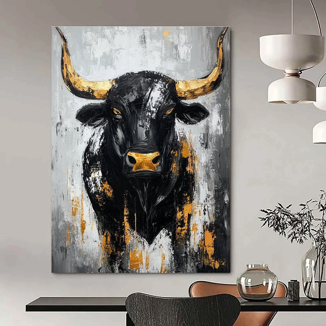 Large abstract painting of a black bull with gold accents against a gray background featuring bold brush strokes and textured impasto technique.STSC027