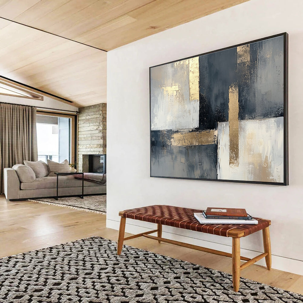 Gray and Gold Abstract Painting with Geometric Elegance DYP406