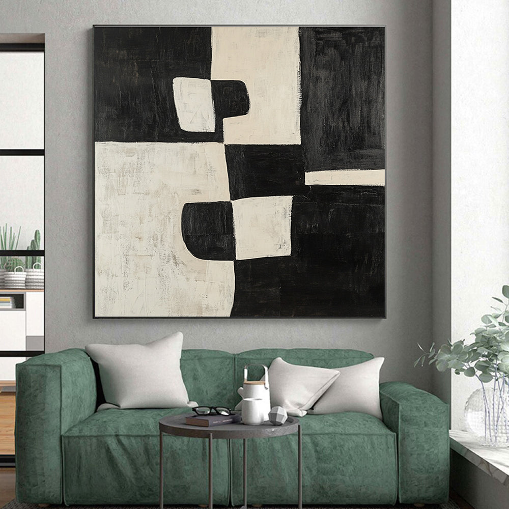 Black and White Abstract Painting with Textured Blocks GER669