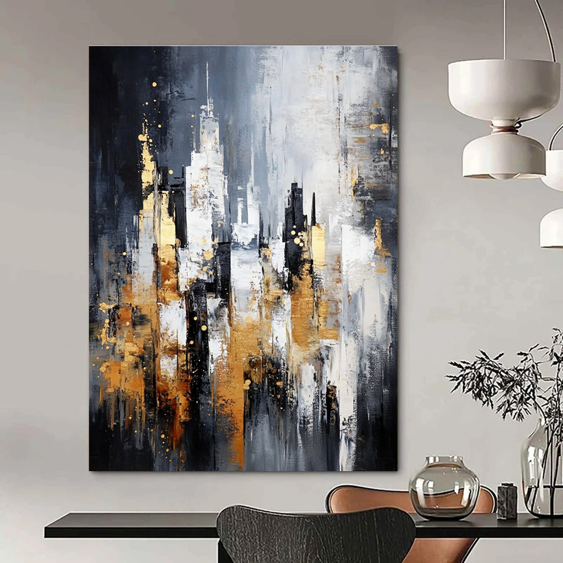 Large abstract painting of a cityscape in gray and white with gold accents on a dark background featuring neutral tones.STSC282
