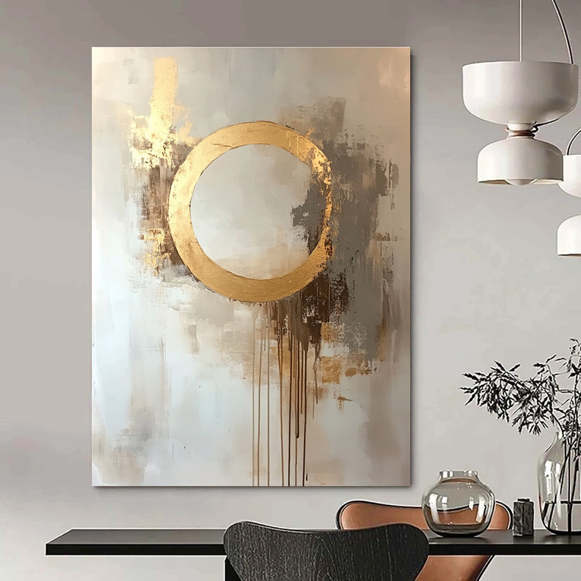 Large abstract oil painting featuring a moon with a golden circle in beige and gold tones with dripping gold leaf on a white background.STSC170